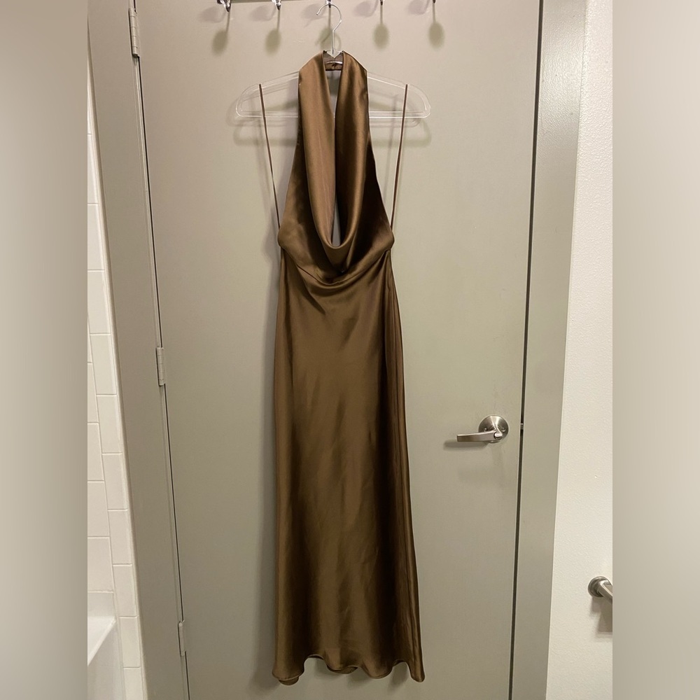 Drape neck satin brown dress